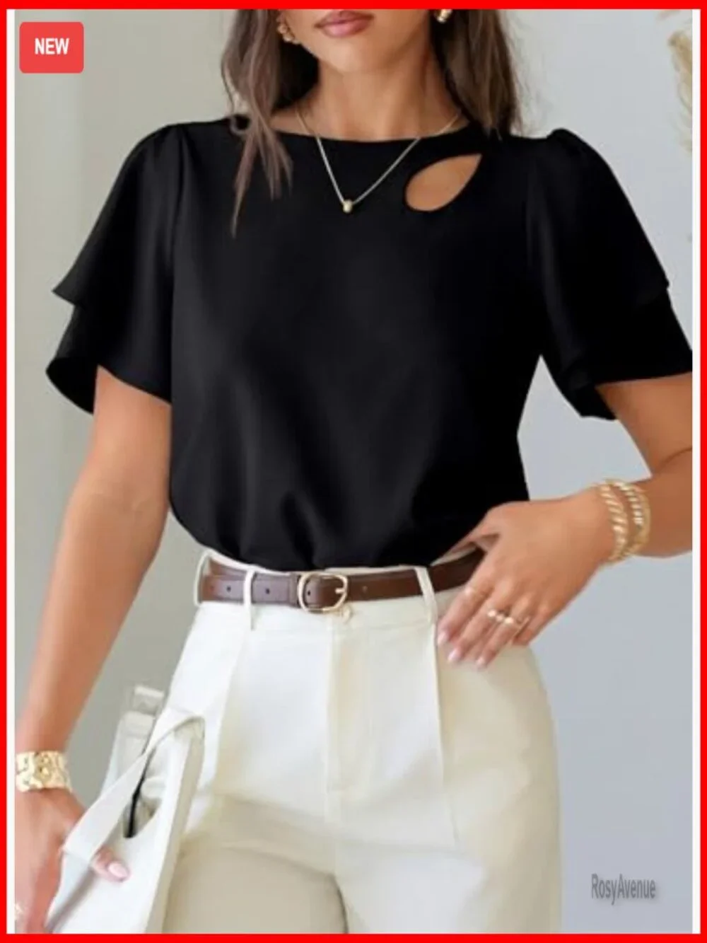 Double Layer Ruffle Sleeve Crewneck Cut-Out Blouse - Picture 6 of 7